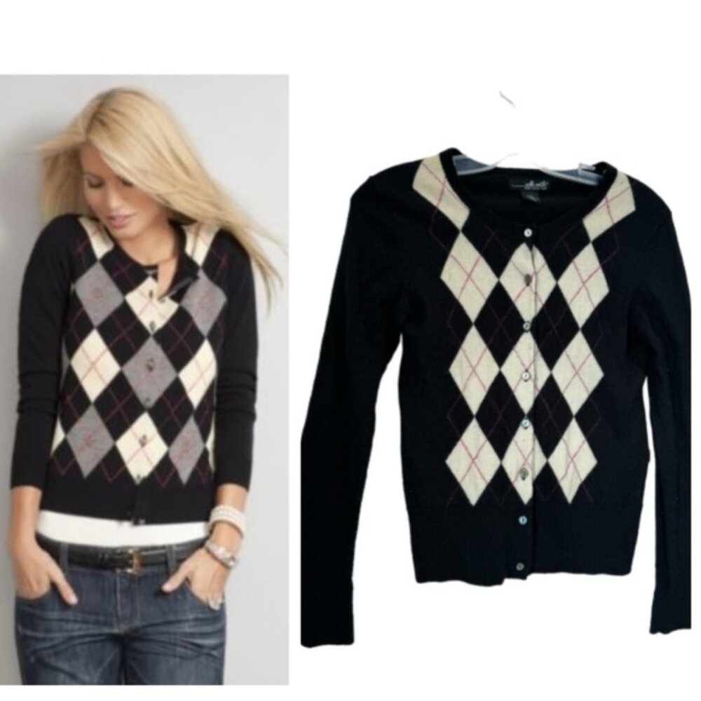 Willi Smith Vintage Y2K 100% Merino Wool Argyle Cardigan Sweater Preppy Minimal